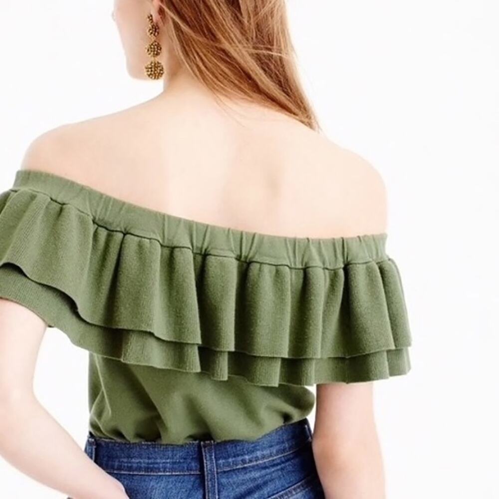 J. Crew Olive Green Ruffle Off the Shoulder Knit Top Whimsigoth Fairycore XS